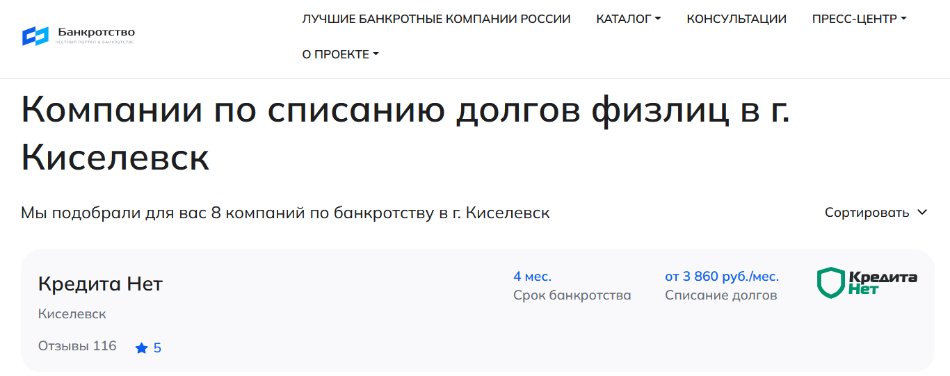 КредитаНет – первые в рейтинге компаний по банкротству в Киселёвске на сайте Банкротство Инфо